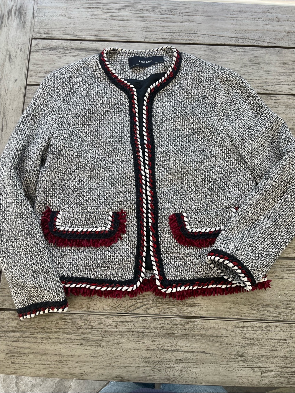 Zara Basics Textured Gray Tweed Fringe Trim Jacket Blazer Womens Large